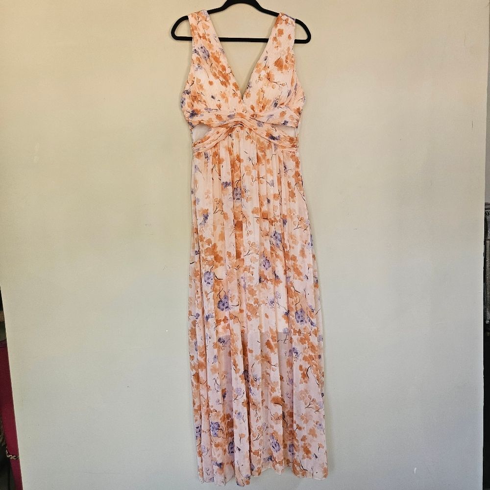 Toleen Maxi Dress Women M Peach Watercolor Florals Cutout Chiffon Pleated NWT